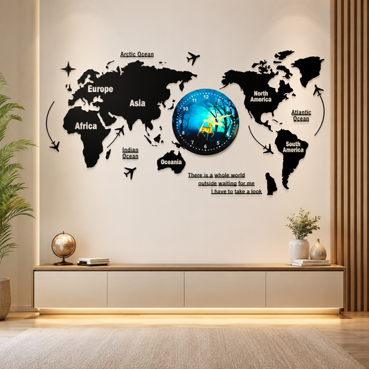 40-Inch 3D Wooden World Map Wall Clock with Decorative Light