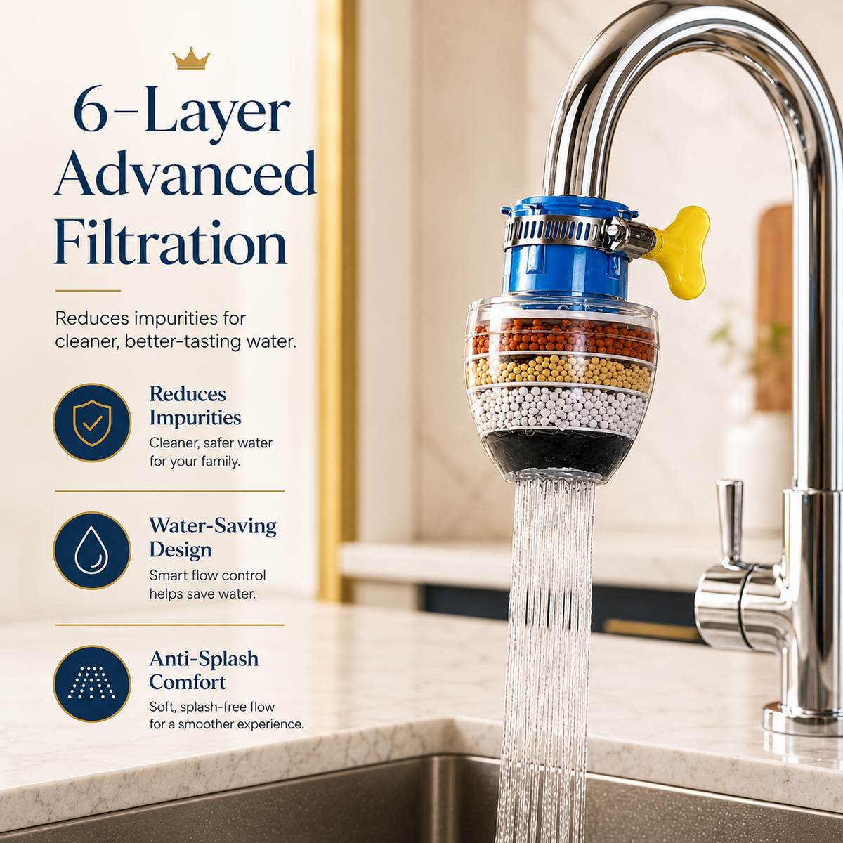 6-Layer Filter Faucet Shower Head – Anti-Splash Water-Saving Tap Purifier