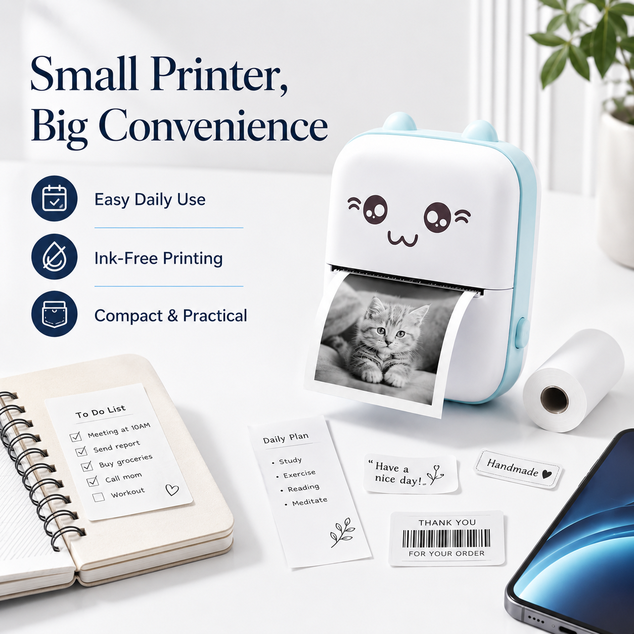 Mini Portable Bluetooth Thermal Printer with 1 Paper Roll