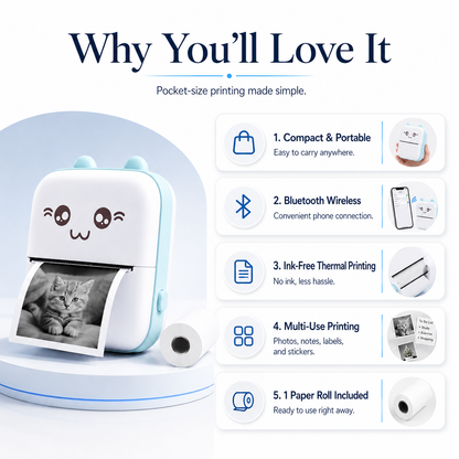 Mini Portable Bluetooth Thermal Printer with 1 Paper Roll