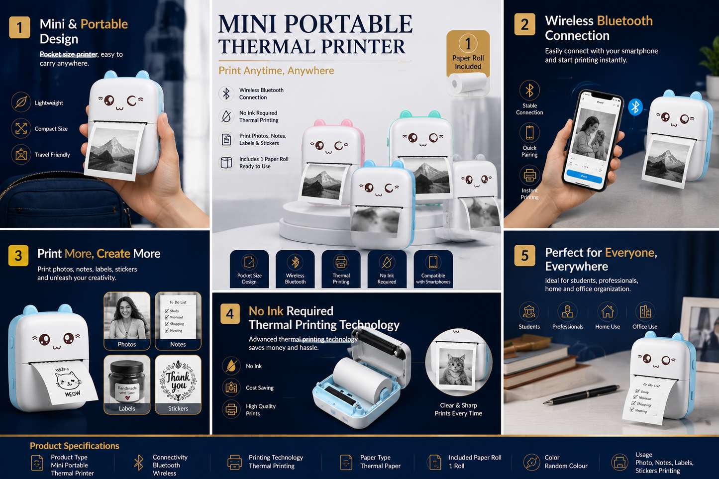 Mini Portable Bluetooth Thermal Printer with 1 Paper Roll
