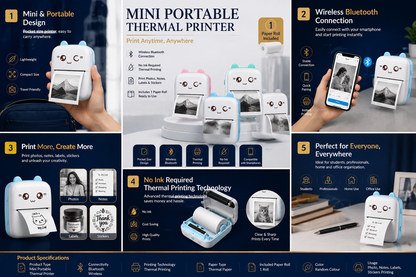 Mini Portable Bluetooth Thermal Printer with 1 Paper Roll