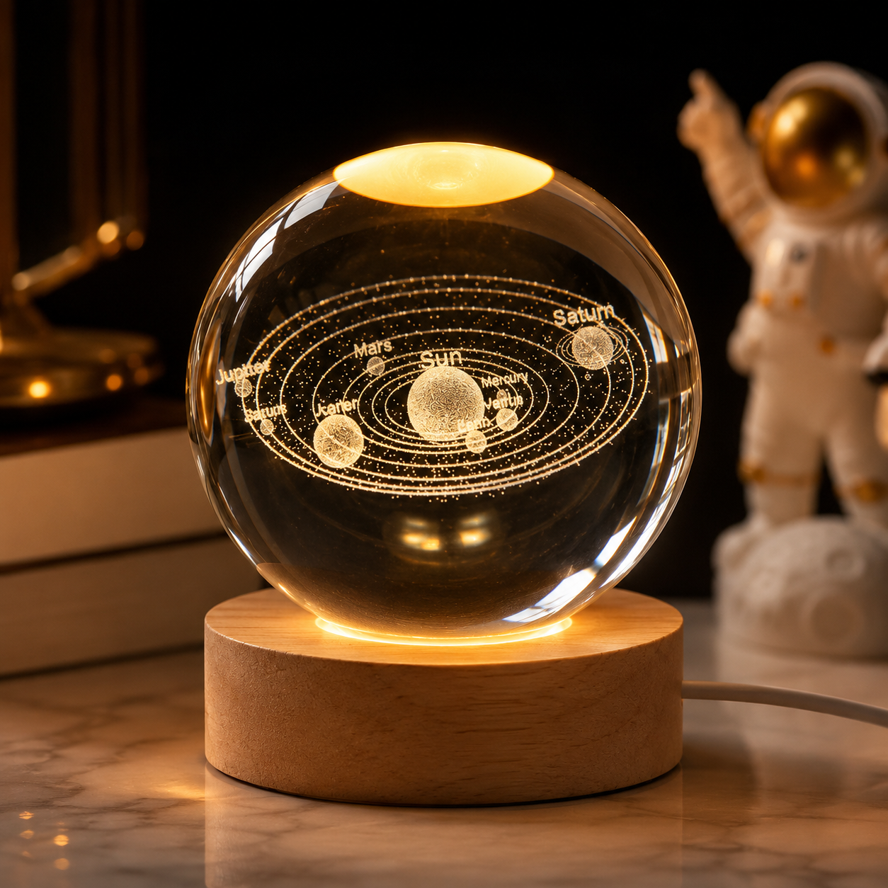 3D Galaxy Crystal Ball Night Light with USB Wooden LED Base