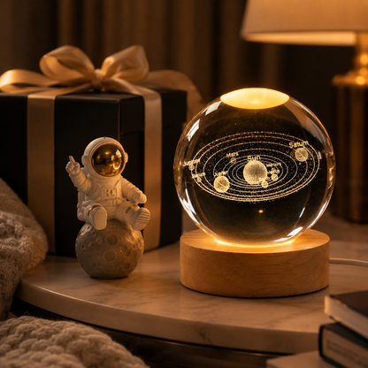 3D Galaxy Crystal Ball Night Light with USB Wooden LED Base