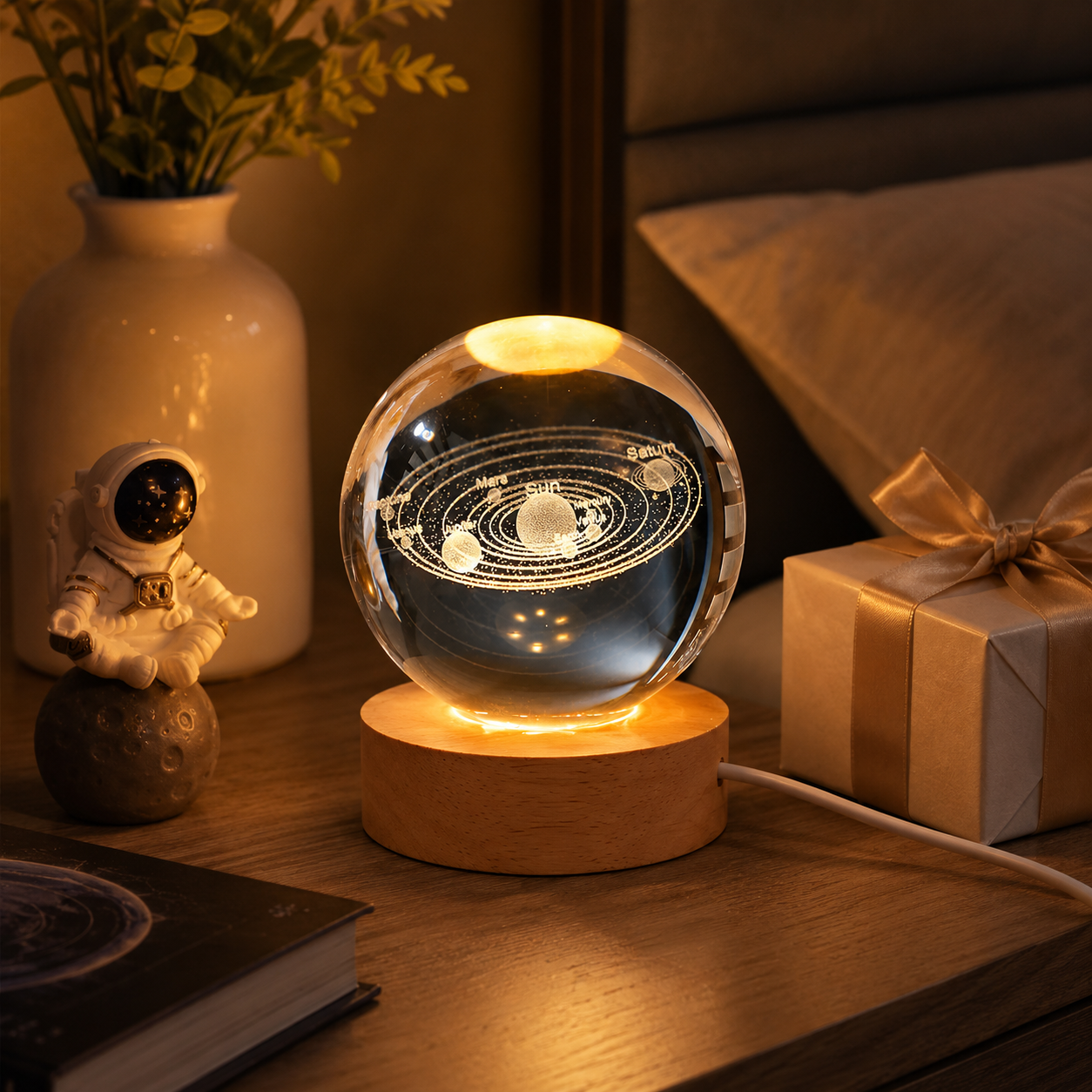 3D Galaxy Crystal Ball Night Light with USB Wooden LED Base