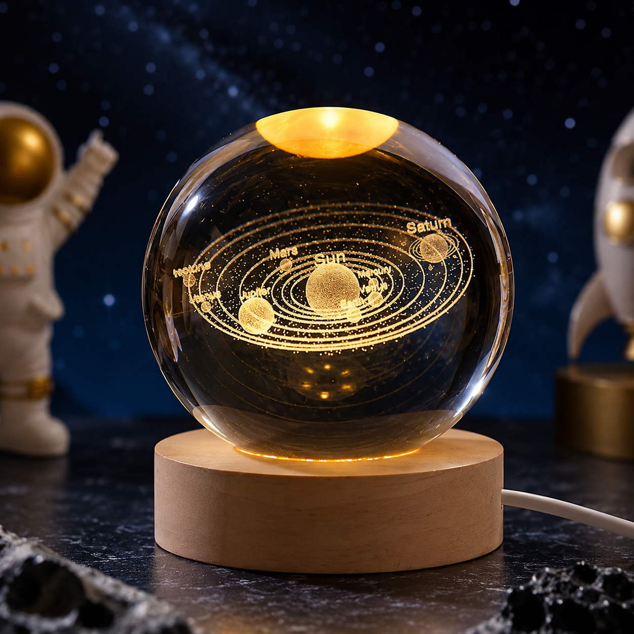 3D Galaxy Crystal Ball Night Light with USB Wooden LED Base