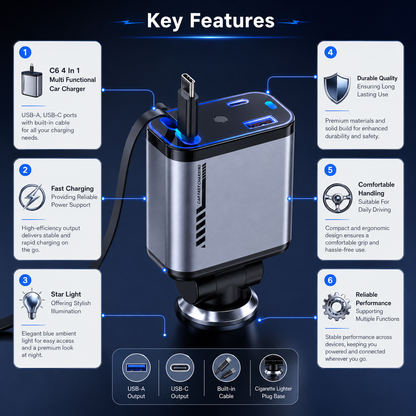 4 In 1 Multi Functional Car Charger with Star Light | Fast Charging USB Car Charger