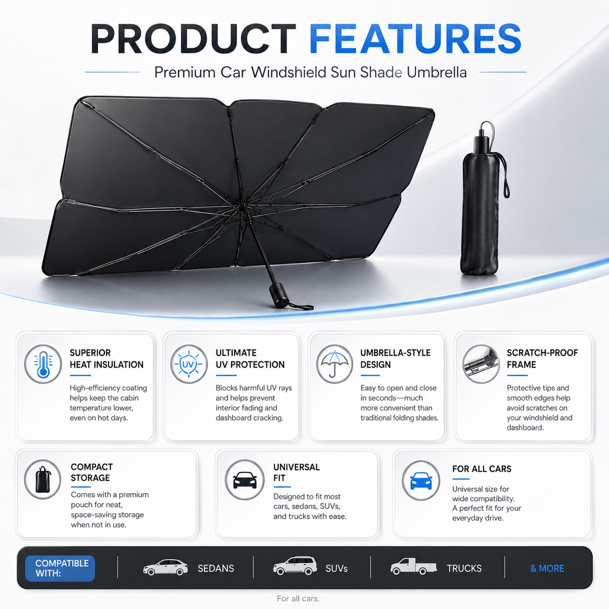 Premium Car Windshield Sun Shade Umbrella – Foldable UV Protection Car Front Glass Sun Protector