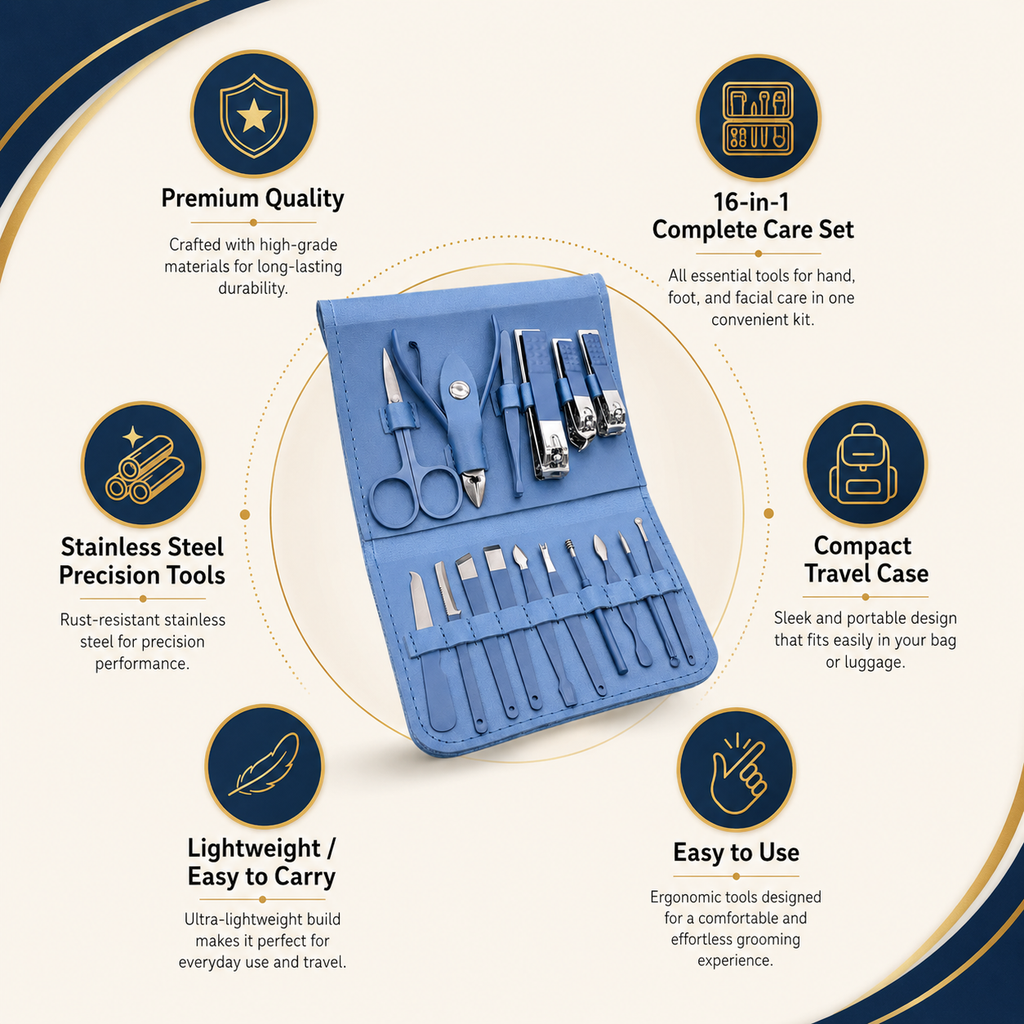 16-Piece Stainless Steel Manicure & Pedicure Grooming Kit with Travel Case