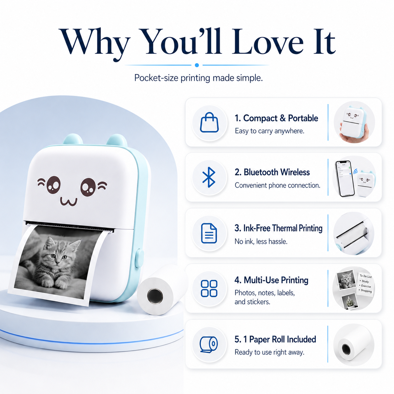Mini Portable Thermal Printer Wireless Bluetooth Pocket Photo Printer with Paper Roll