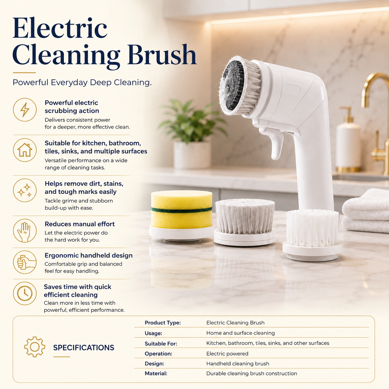 Electric Cleaning Brush with 360° Rotating Scrubber & 3 Cleaning Heads