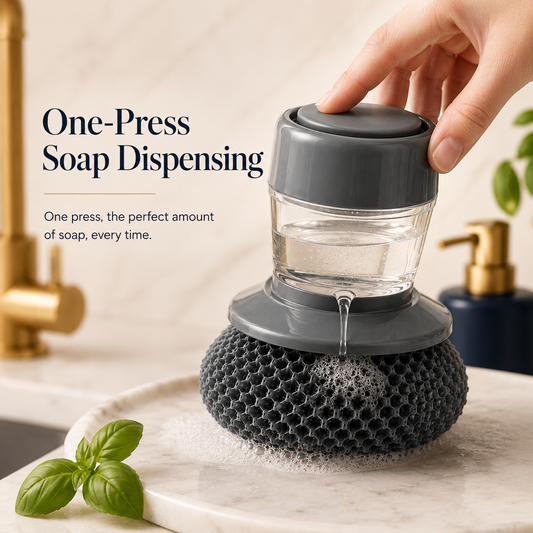 Soap Dispensing Palm Brush – Non-Scratch Dish Scrubber with PET Bristles