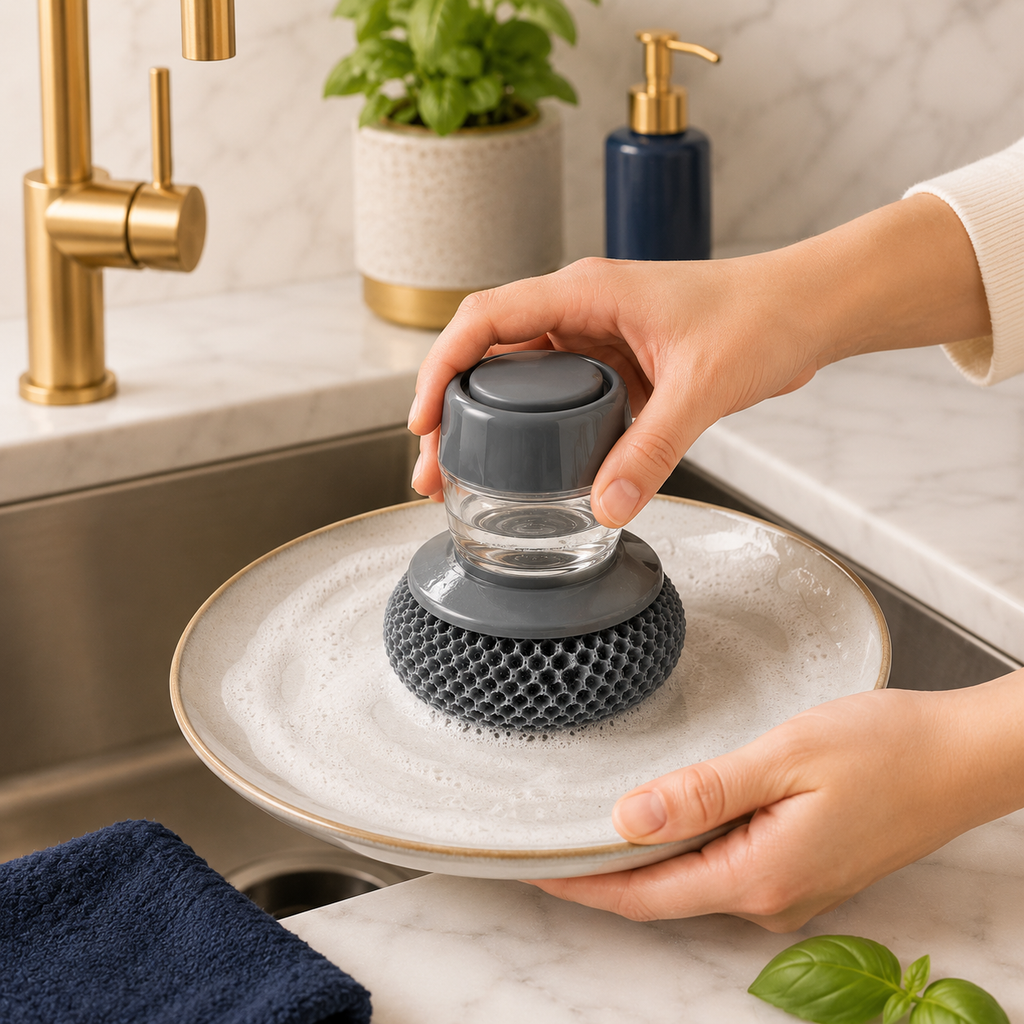 Soap Dispensing Palm Brush – Non-Scratch Dish Scrubber with PET Bristles