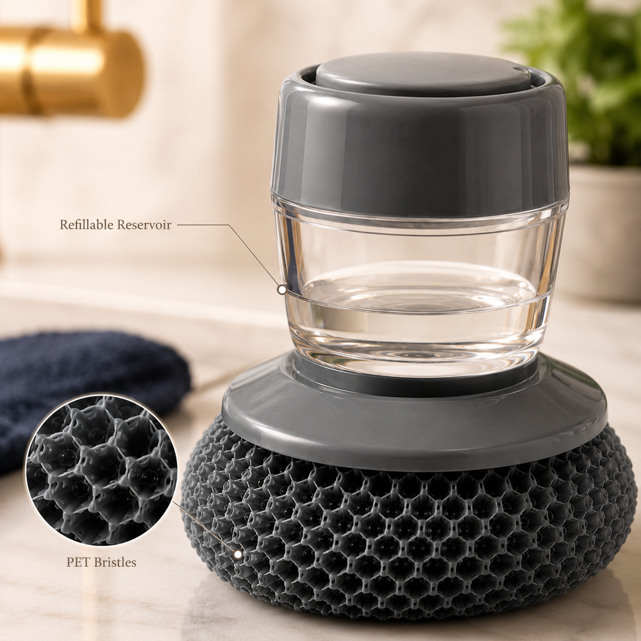 Soap Dispensing Palm Brush – Non-Scratch Dish Scrubber with PET Bristles