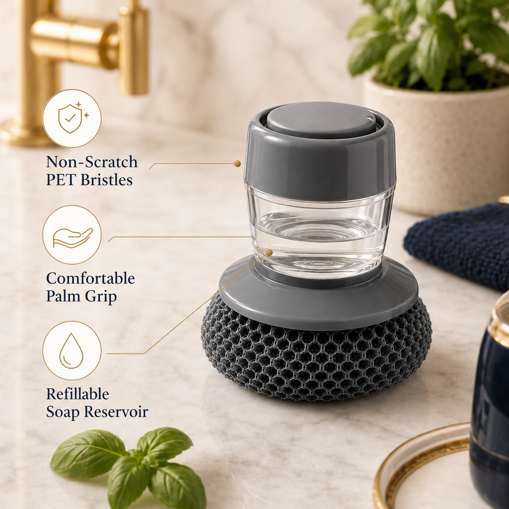 Soap Dispensing Palm Brush – Non-Scratch Dish Scrubber with PET Bristles