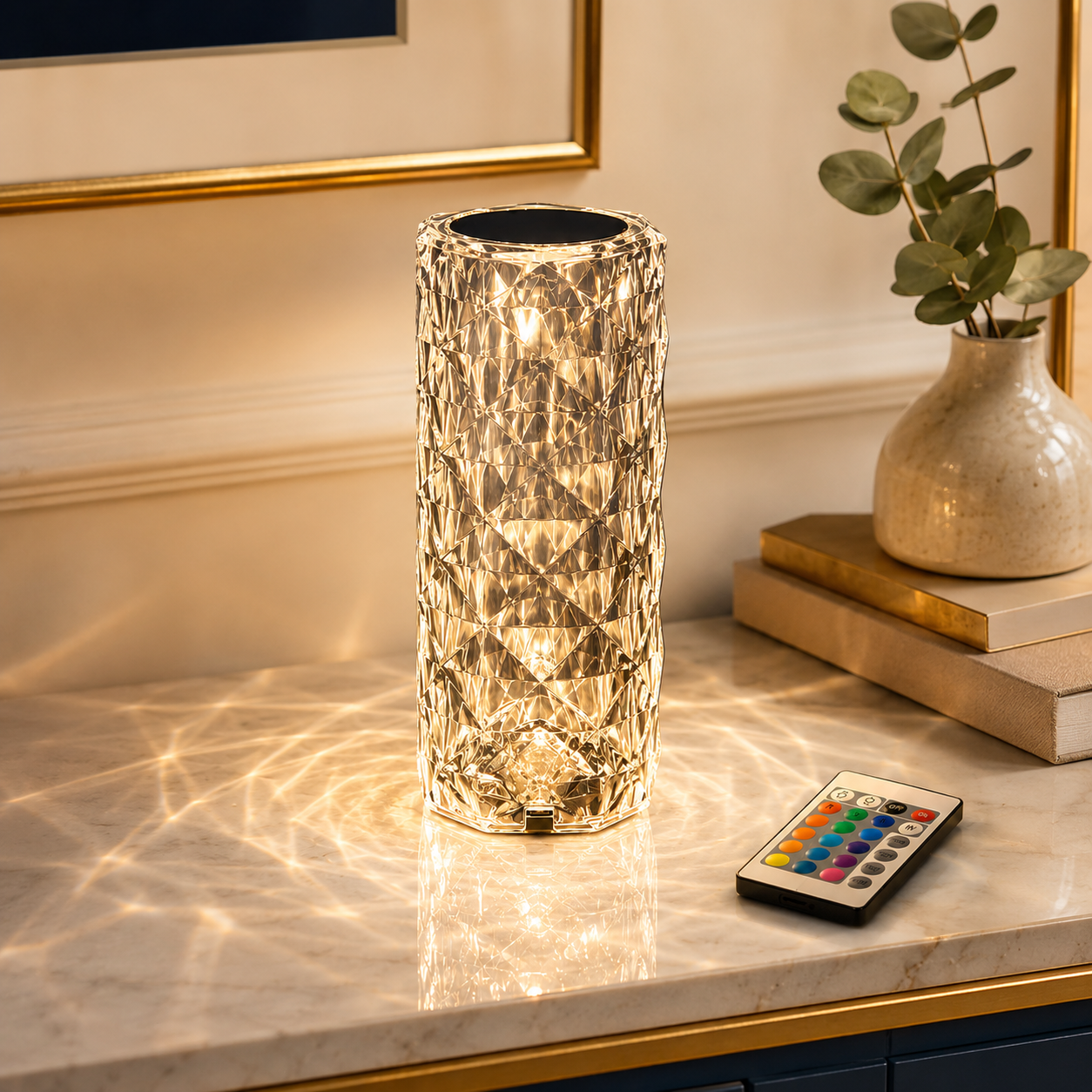 16 Colors Diamond Rose Crystal Touch Lamp – USB Rechargeable Acrylic Bedside Table Lamp with Remote