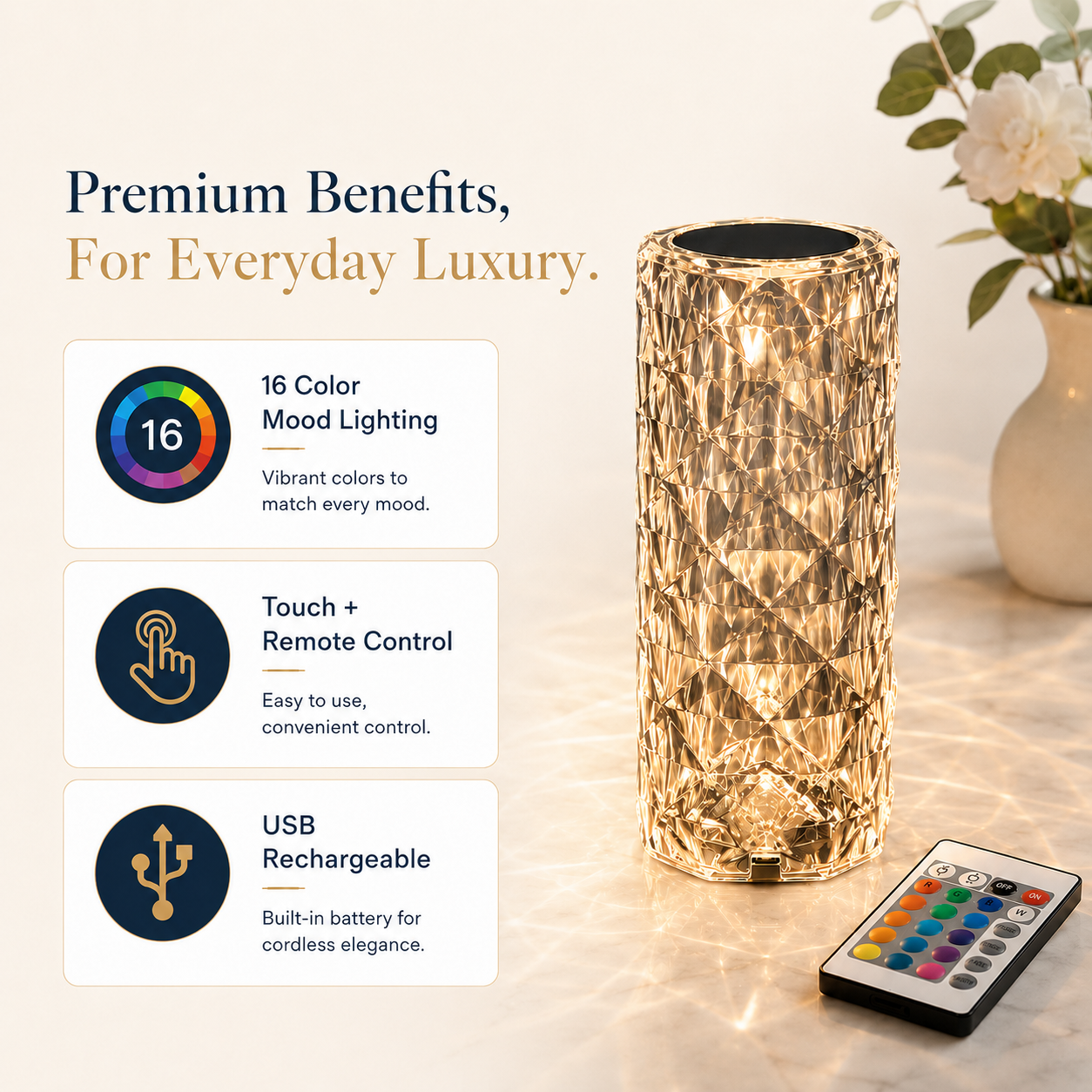 16 Colors Diamond Rose Crystal Touch Lamp – USB Rechargeable Acrylic Bedside Table Lamp with Remote