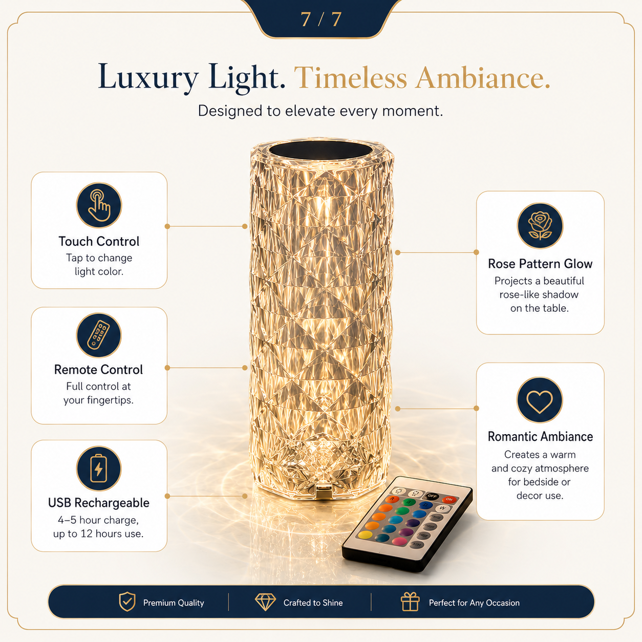 16 Colors Diamond Rose Crystal Touch Lamp – USB Rechargeable Acrylic Bedside Table Lamp with Remote
