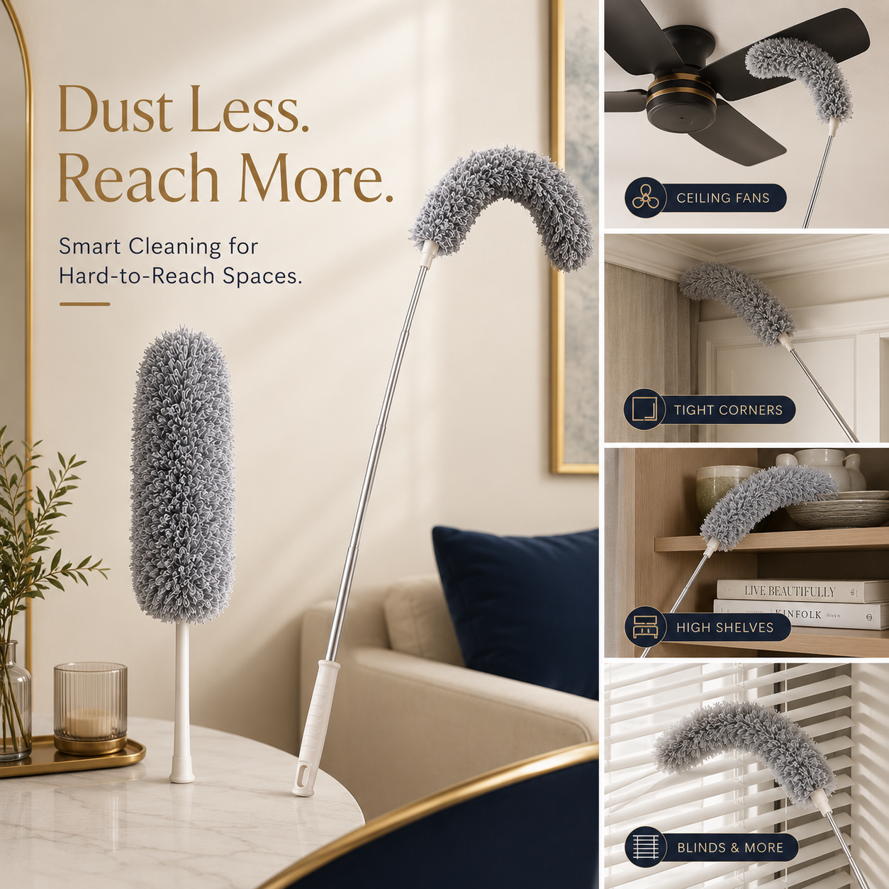 Microfiber Telescopic Fan Duster with 360° Flexible Head – Gray