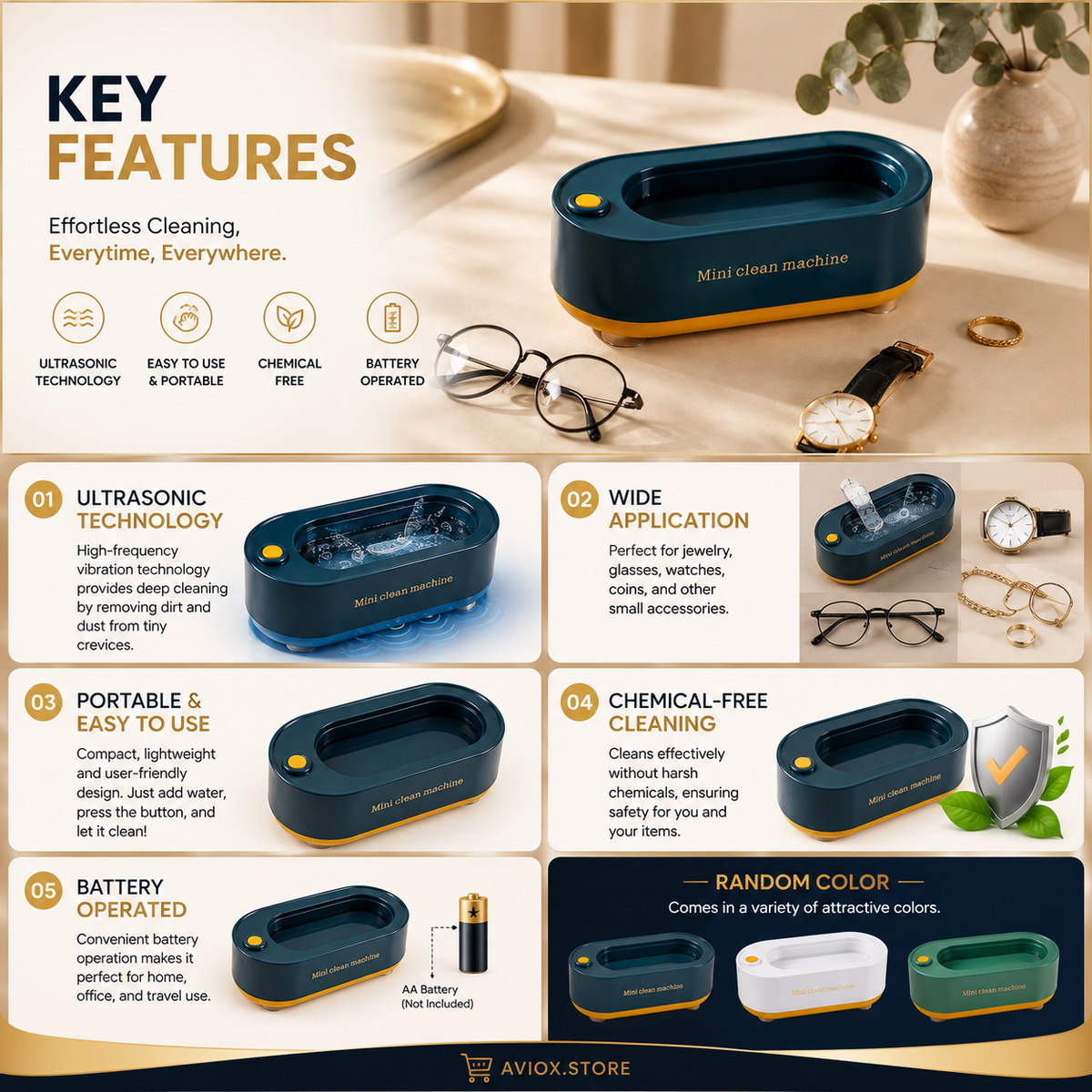 Portable Ultrasonic Cleaner Machine for Jewelry, Glasses & Watches