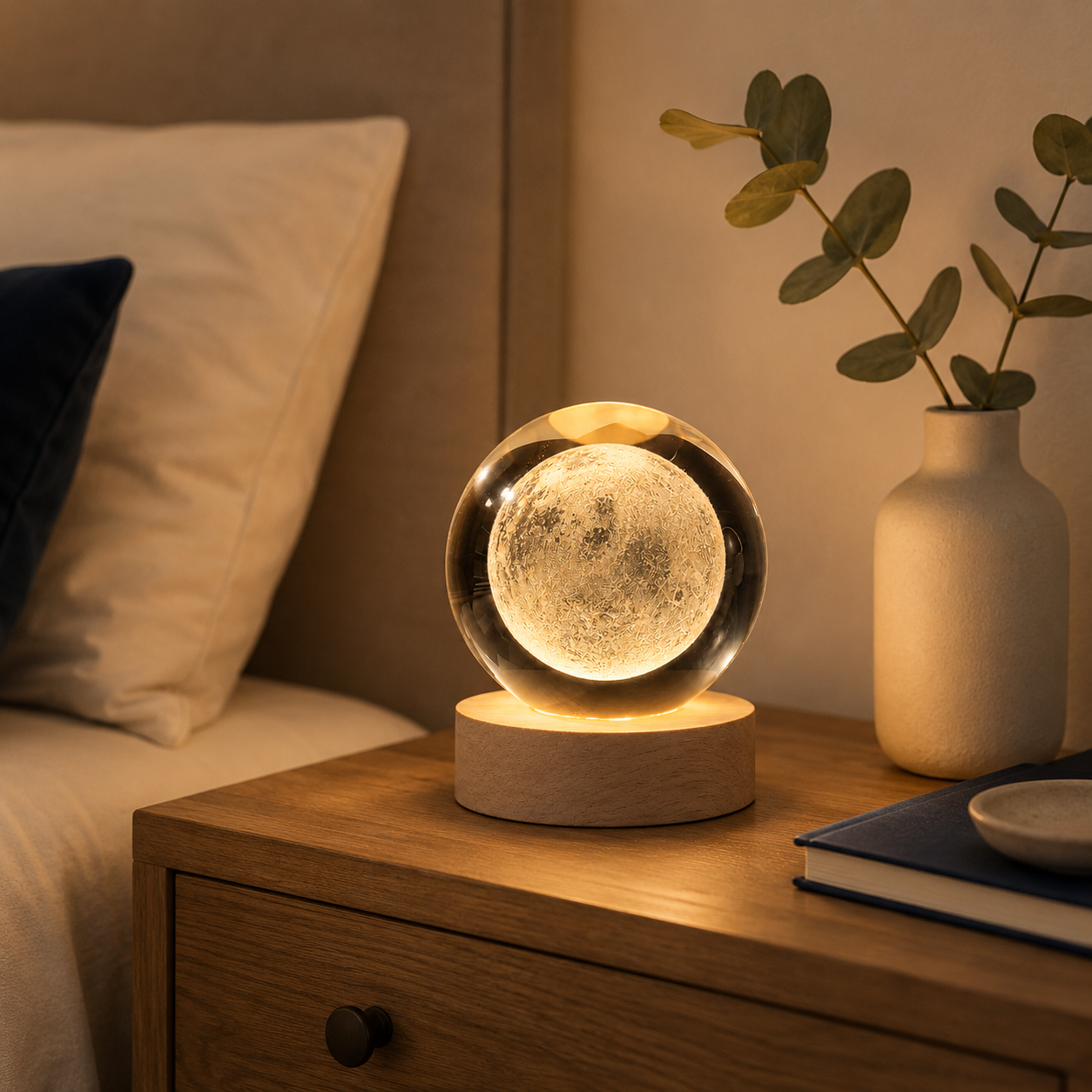 3D Moon Galaxy Crystal Ball Lamp with Wooden LED Base – Decorative Night Light