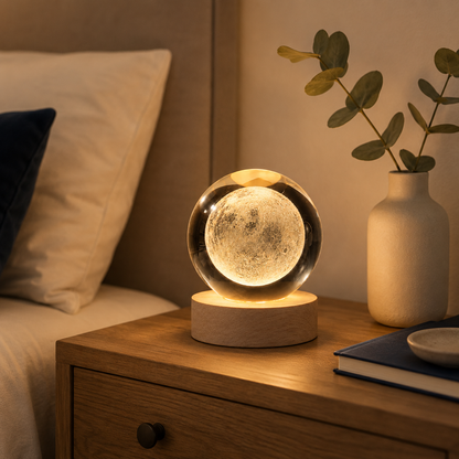 3D Moon Galaxy Crystal Ball Lamp with Wooden LED Base – Decorative Night Light