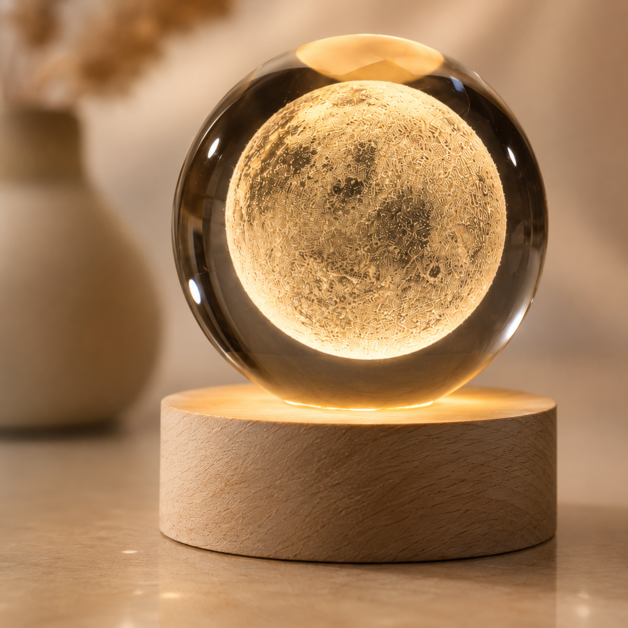 3D Moon Galaxy Crystal Ball Lamp with Wooden LED Base – Decorative Night Light