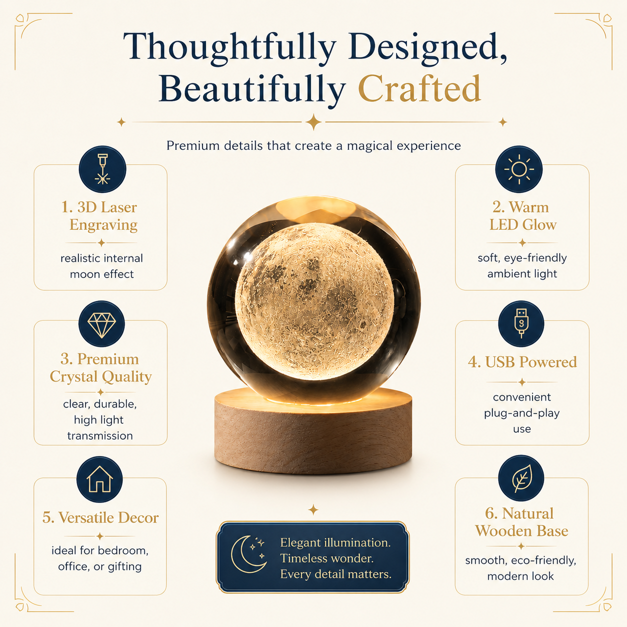 3D Moon Galaxy Crystal Ball Lamp with Wooden LED Base – Decorative Night Light