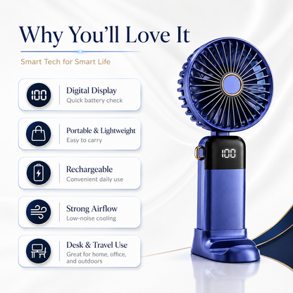 Digital Display 5-in-1 Portable Mini Fan – USB-C Rechargeable Handheld Fan