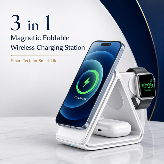 3-in-1 Magnetic Foldable Wireless Charging Station – 15W Fast Charger