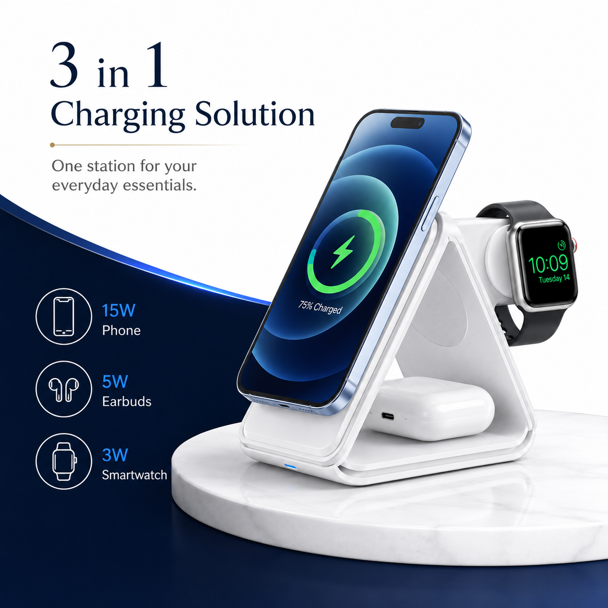 3-in-1 Magnetic Foldable Wireless Charging Station – 15W Fast Charger