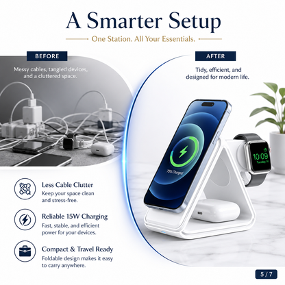 3-in-1 Magnetic Foldable Wireless Charging Station – 15W Fast Charger