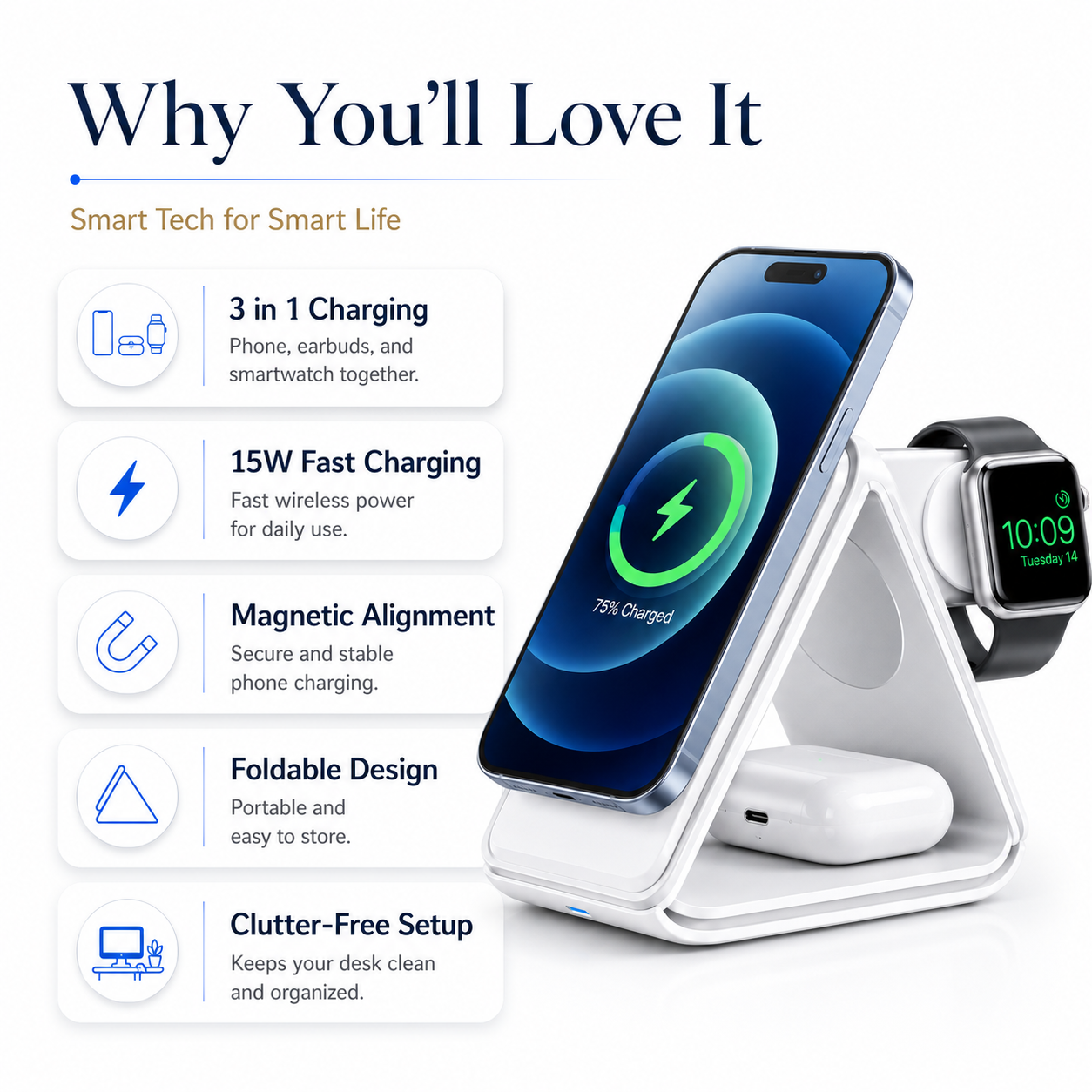 3-in-1 Magnetic Foldable Wireless Charging Station – 15W Fast Charger
