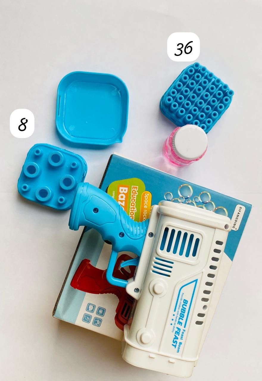AVIOX Bubble Gun Toy with blue wand, bubble solution, and multiple bubble wands.