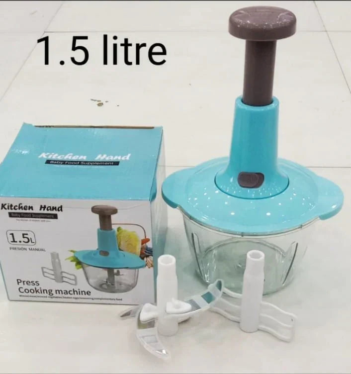 AVIOX 1.5 litre manual press food chopper with clear bowl and replacement blades.