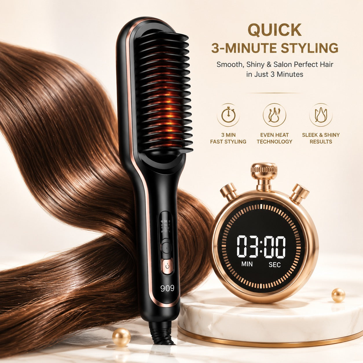 909 Hair Straightening Brush – 2-in-1 Electric Hair Straightener & Curler