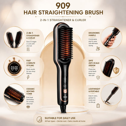 909 Hair Straightening Brush – 2-in-1 Electric Hair Straightener & Curler