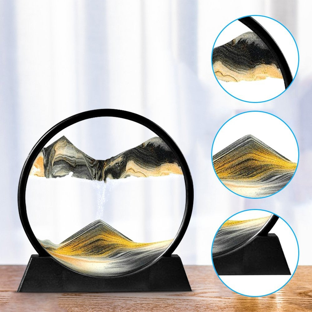 AVIOX 3D moving sandscape painting with flowing gold and black sand in a circular frame.