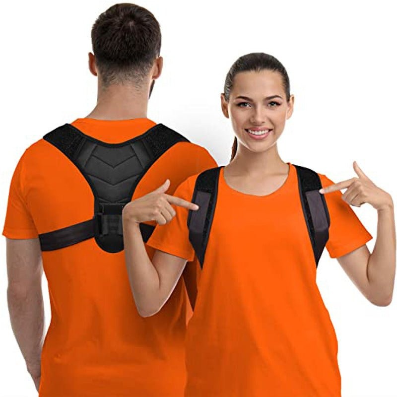 Man and woman wearing AVIOX posture corrector belts over orange t-shirts