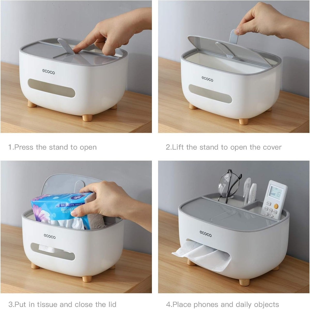 AVIOX luxury multi-functional tissue box organizer demonstrating usage and storage.
