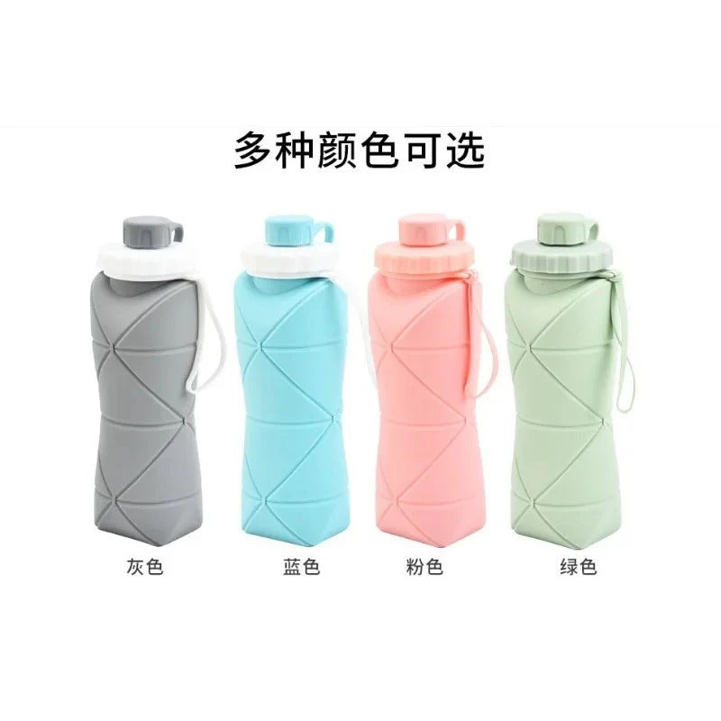 Four AVIOX silicone foldable water bottles in grey, blue, pink, and green.