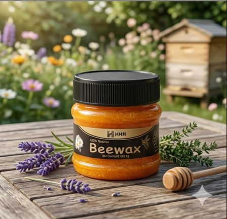 AVIOX Beeswax furniture polish jar on a wooden table with lavender and honey dipper.