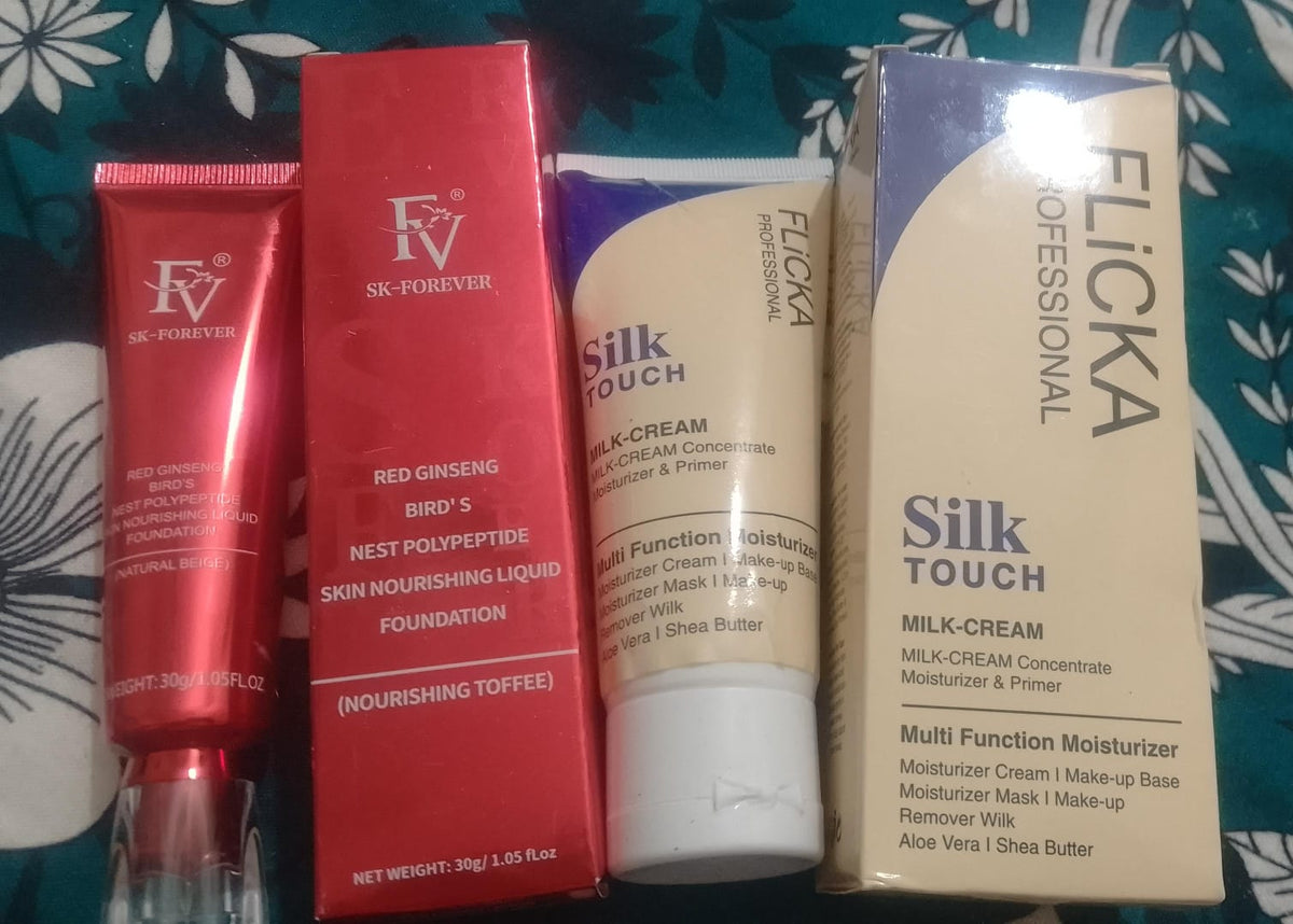 Flicka Silk Touch Milk-Cream moisturizer and SK-FOREVER liquid foundation products.