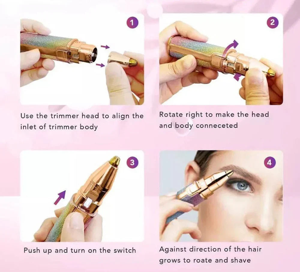Instructional guide for using the AVIOX precision eyebrow trimmer.